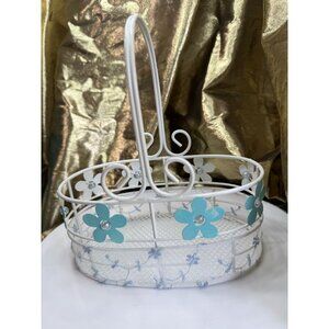 Vintage White Wire Basket W/ Blue Flower Accents & Handle 7.5" x 8.5"